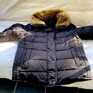 Brown short jacket with piping and fur collar size medium.